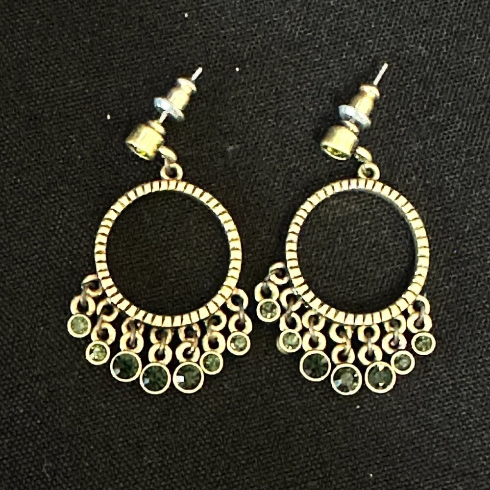 Vintage Chandelier Dangle Earrings Green Stones Peridot Emerald Gold Tone Boho